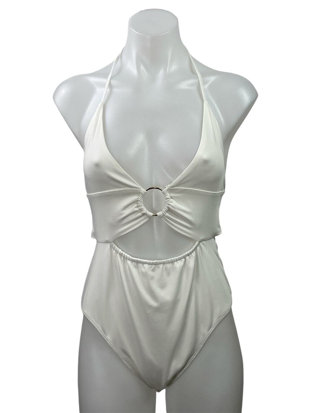 Princess Polly White Halter Ring Plunge Cutout One Piece Swimsuit Swimwear Sz 8